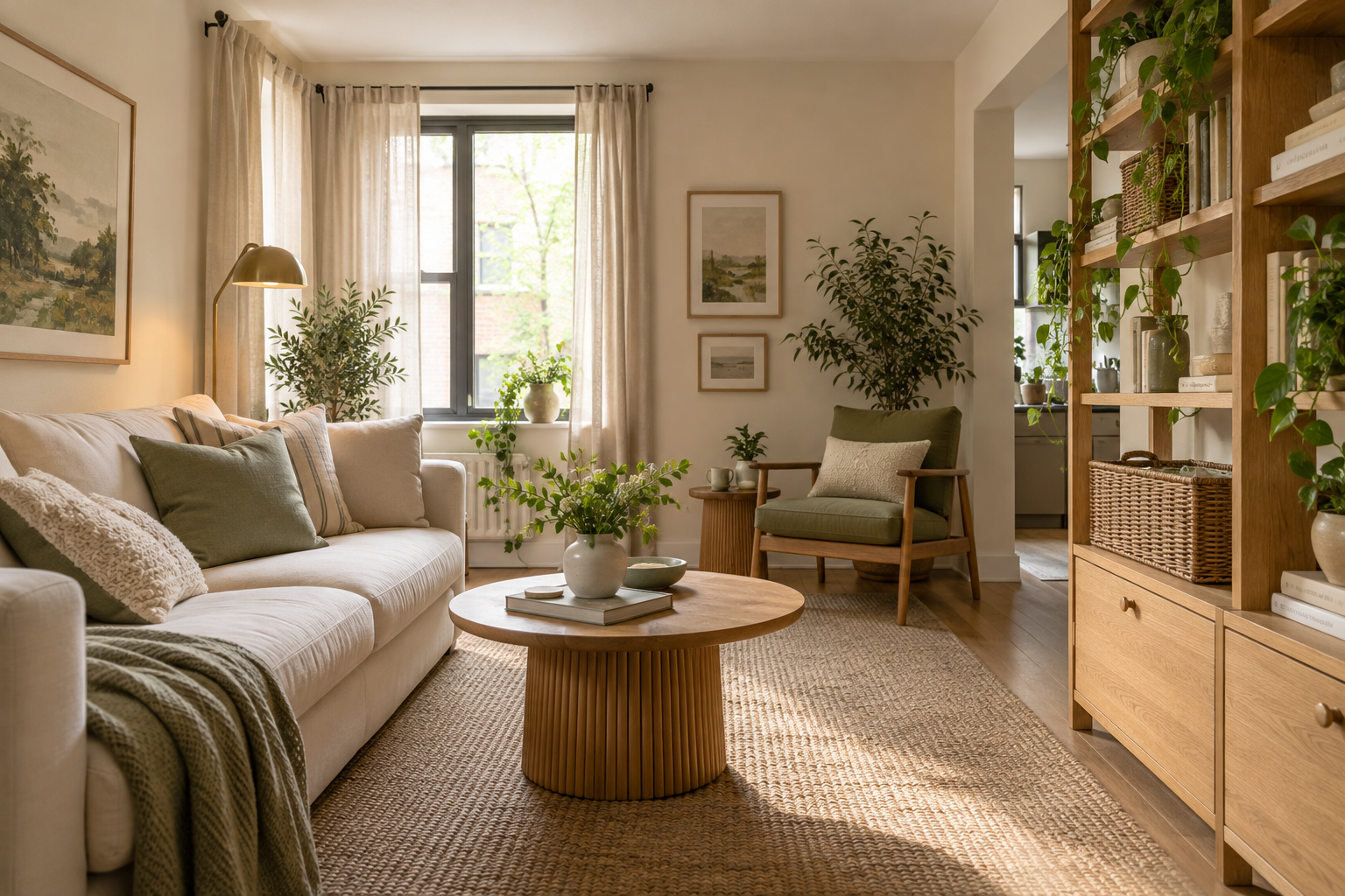 Compact living room with a cream sofa, oak shelving and woven storage baskets