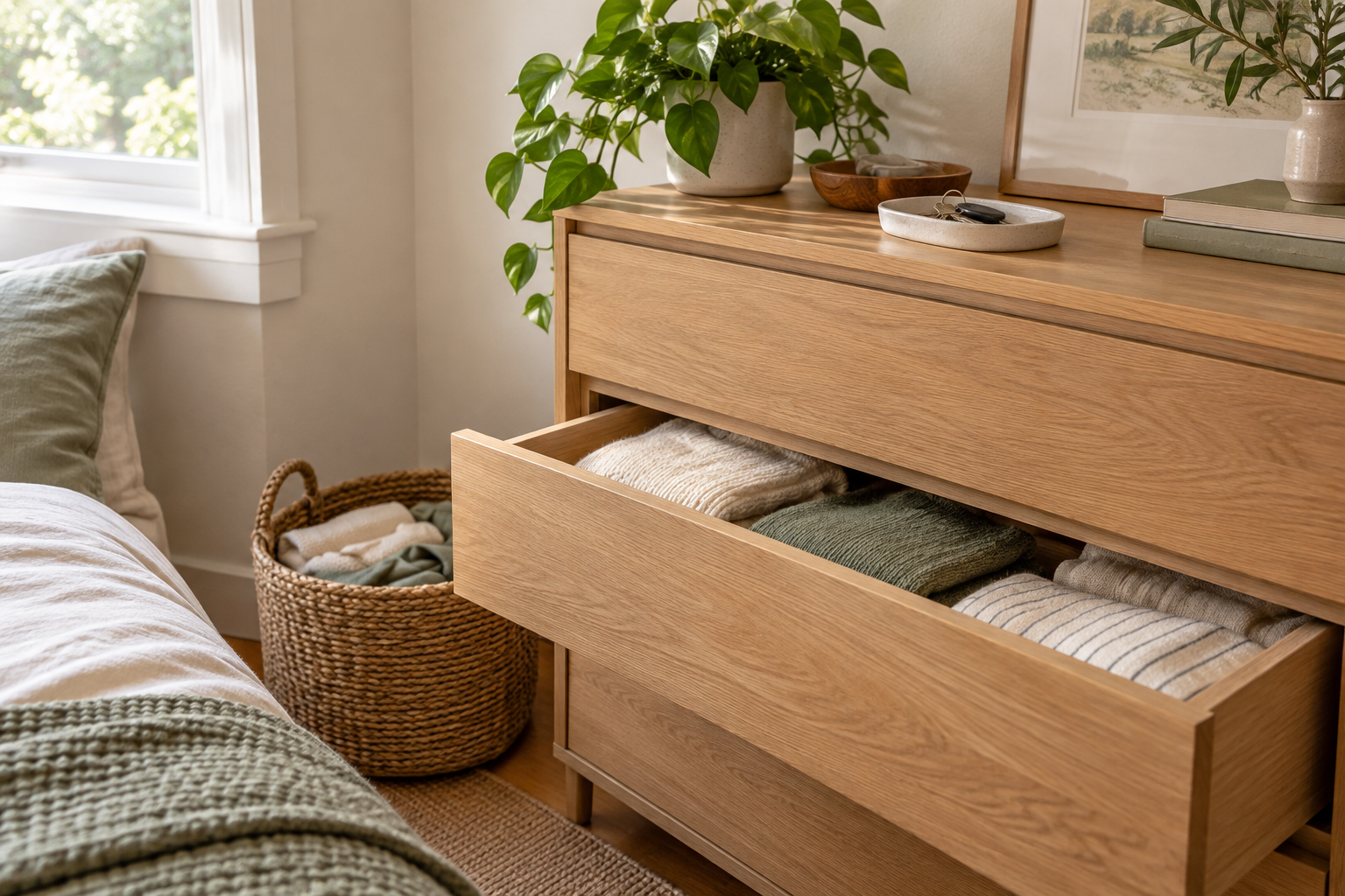 Oak dresser with neatly folded clothes and a woven basket