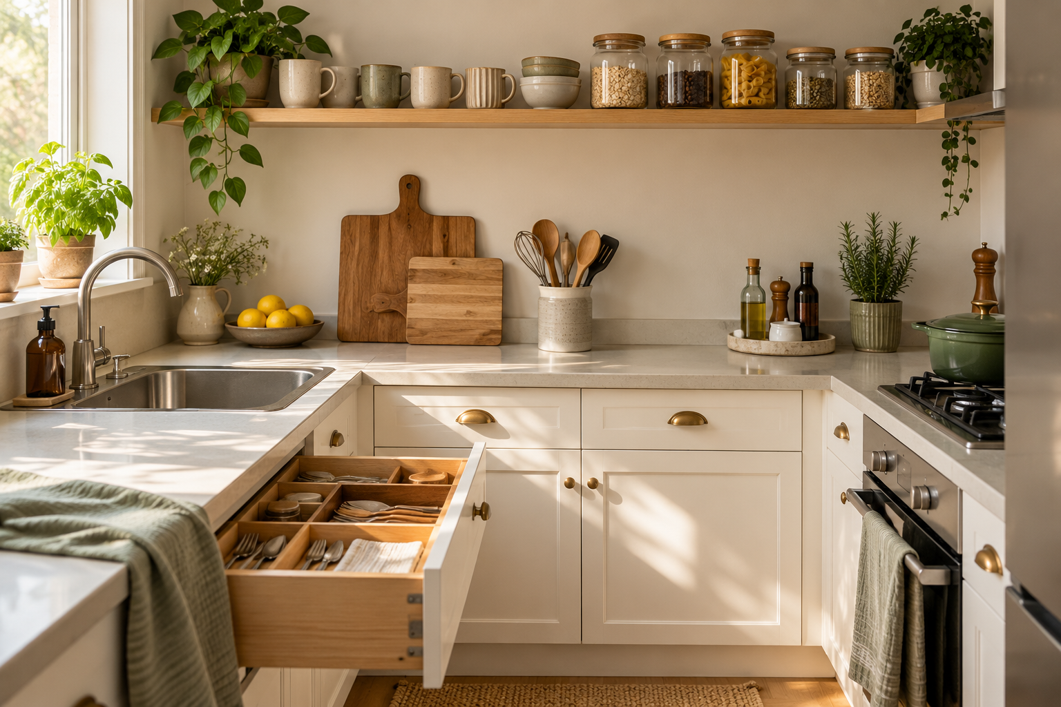 Small cream kitchen with grouped jars and an organized utensil drawer